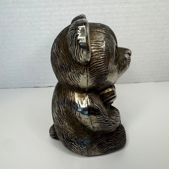 Silver/Brass-Tone Teddy Bear Bank 5" tall, Eclectic / Whimsigoth Display Décor - Picture 6 of 9